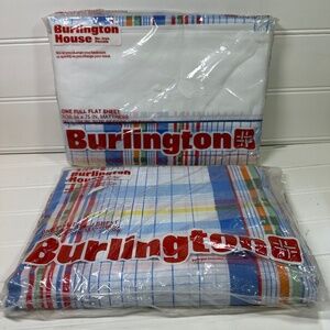 NIP Vintage 1970s Burlington Red Blue Plaid Stripe Full Flat Fitted Sheet Set